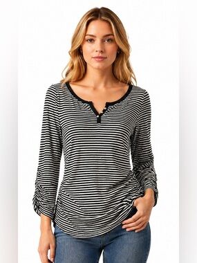 White House Black Market Black White Striped Ruched Top Pearl Button 3/4 Sleeve